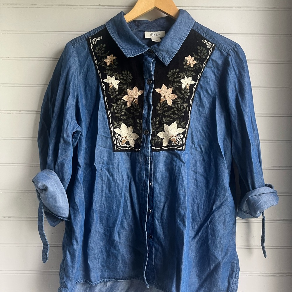 Blue Denim Shirt with Floral Embroidery